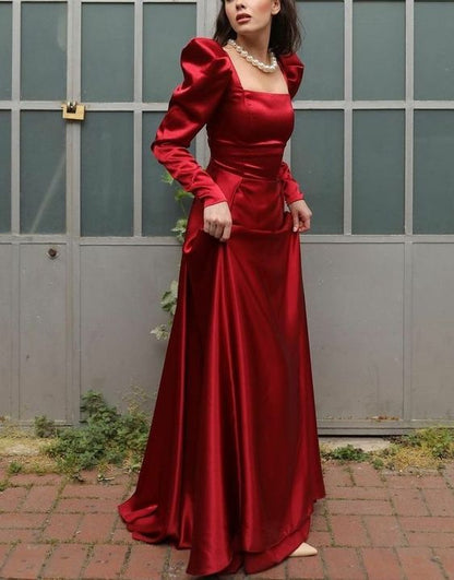 Square Neck Long A Line Evening Gown Burgundy Long Sleeves Satin Formal Prom Party Dress