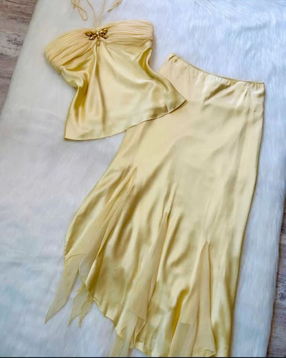 Yellow Two Piece Chiffon Halter Prom Dress Evening Dress     S7012