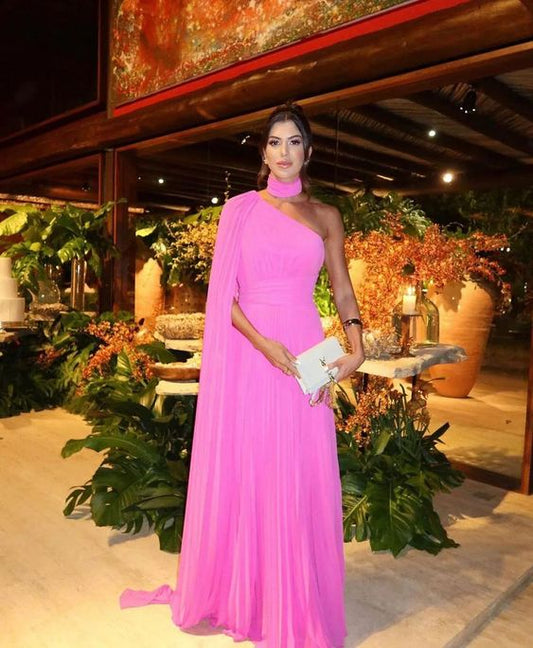 Fuchsia One Shoulder Prom Dress With Draped Sleeve Elegant
