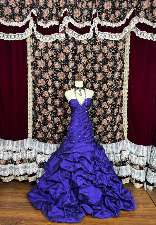 Blue strapless slim waist pleated elegant dress, prom dress R5377
