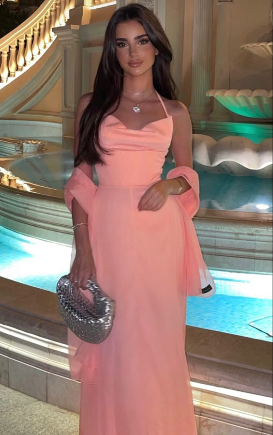 Spaghetti Straps Halter Pink Evening Dresses Formal Gown With Shawl