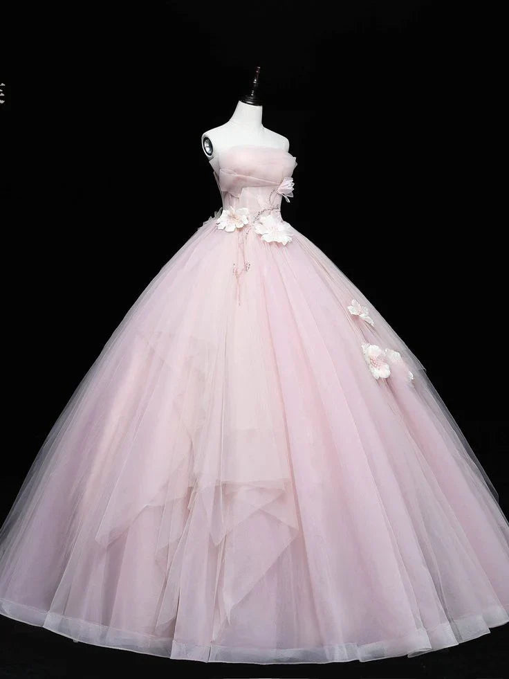 Simple Pink Applique Strapless Sweet 16 Quinceanera A-Line Tulle Floor-length Prom Dress Birthday Dress Evening Dress Ball Gown TP4405
