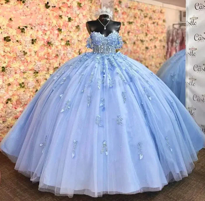 Elegant Blue Beaded Applique Off-the-shoulder Sweet 16 Quinceanera A-Line Prom Dress Birthday Dress Evening Dress Ball Gown TP4525