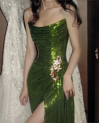 Vintage Dark Green Sheath Sequin Evening Gown Strapless Slit Party Dress Floor Length Formal Dress TP4909