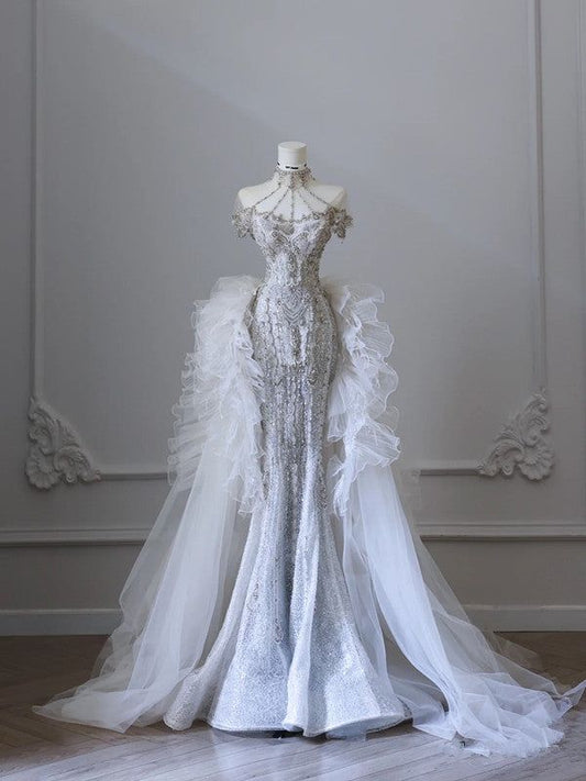 Elegant Mermaid Sweetheart Tulle Lace Long Wedding Dresses     S7258