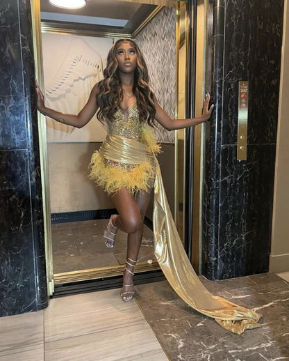 Sexy Black Girls Birthday Dresses Gold Rhinestone Feathers Mini Cocktail Party Gowns Women Club Outfit Vestidos De Gala