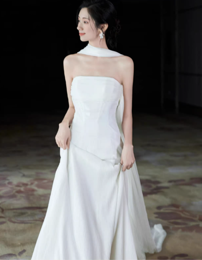 Pretty White Strapless Tulle Mermaid Long Wedding Dress Bridal Gowns With Ribbon SP2017