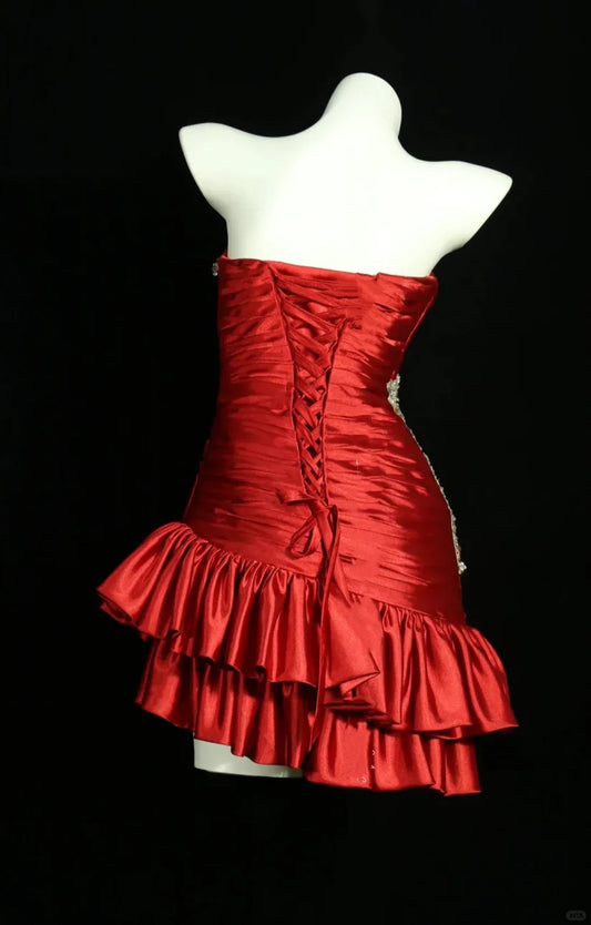 Vintage Red Strapless Sweetheart Design Sheath Satin Party Dress Homecoming Dress TP4090