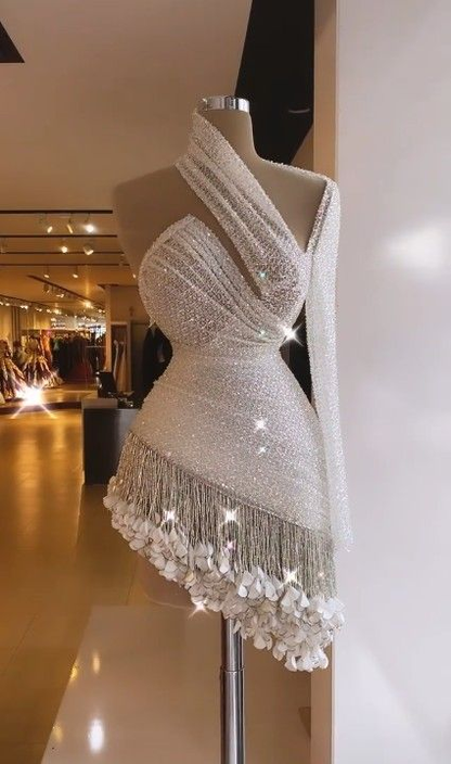 Chic White Cocktail One Shoulder Fringed Cocktail Dresses Above Knee Mini Homecoming Dress Y874