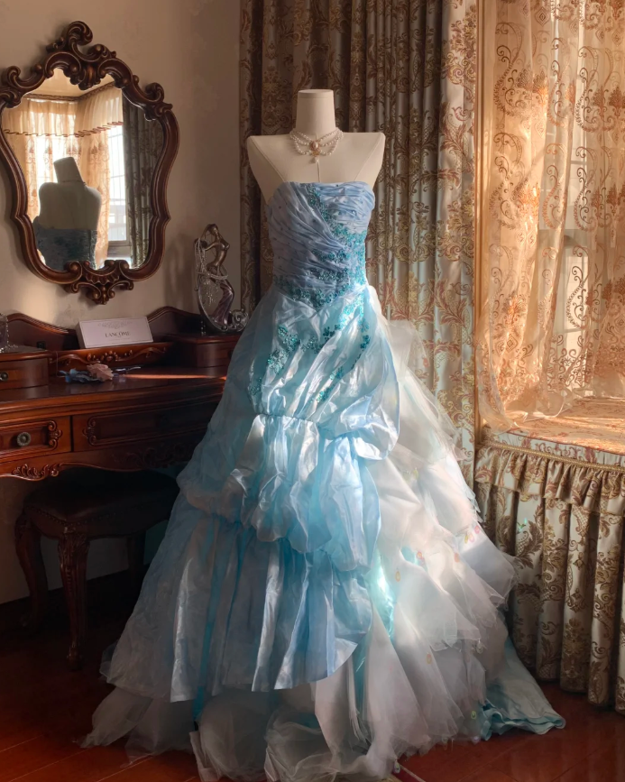 Elegant Blue Strapless Tulle Satin Appliques Long Party Dress Birthday Prom Gown