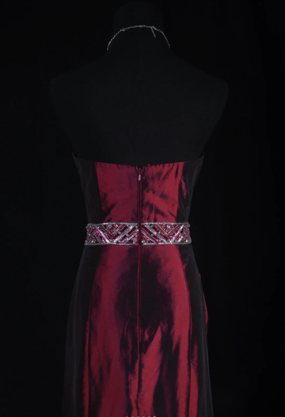 Elegant Strapless Satin Beaded Party Dress Burgundy Mermaid Long Prom Gown