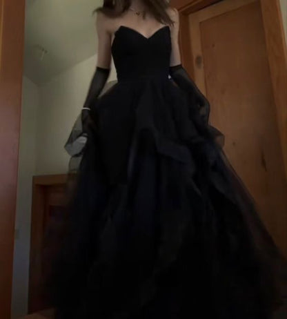 Black Prom Dress, Tulle Evening Dress     S2205