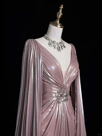 Luxury A line Evening Prom Dress Long Sleeve V neck Shiny Custom Made Party Gowns
