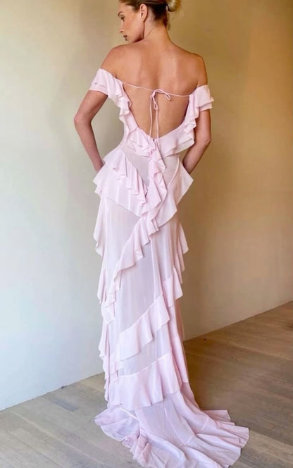 Off shoulder irregular dress for women elegant sexy evening ruffle party dress     S7073
