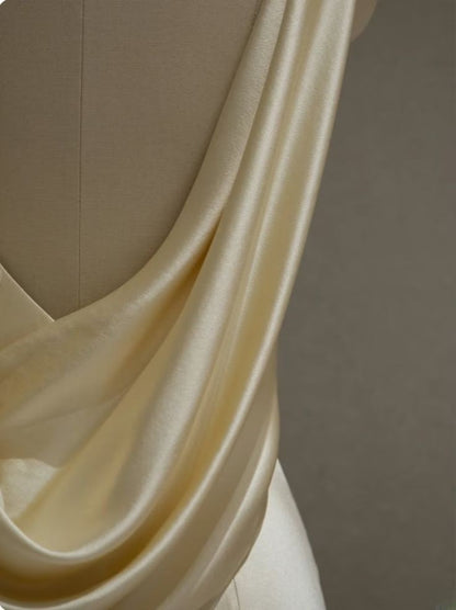 Pastel Yellow Satin Backless Mermaid Long Prom Dress      S7065