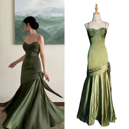 Sexy Mermaid Straps Green Party Dresses Satin Long Prom Dresses       S5245