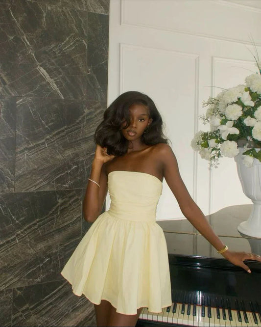 Vintage Faint Yellow Strapless A-Line Homecoming Dress Party Dress Cocktail Dress TP4705
