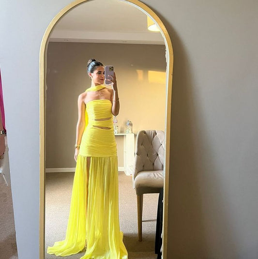 Strapless Yellow A Line Long Prom Dress Formal Party Gown