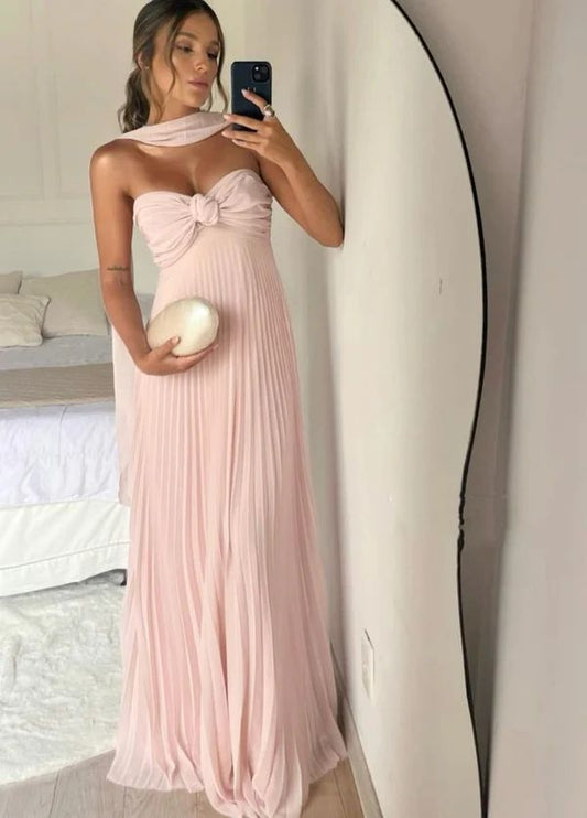 Strapless A Line Pink Long Prom Dress Pleated Formal Party Gown