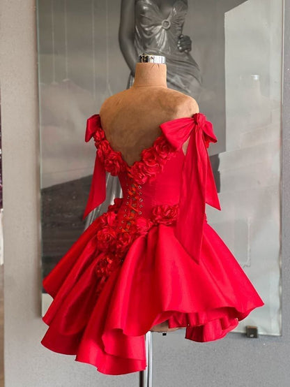 Red Cocktail Party Dress with 3D Flowers Off The Shoulder Elegant Evening Gown for Women
