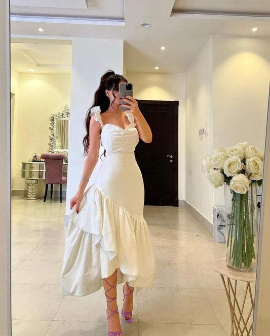 White Straps Ruffle Mermaid Party Gown Arabia Prom Dresses For Women