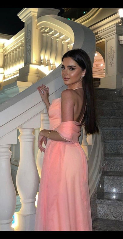 Spaghetti Straps Halter Pink Evening Dresses Formal Gown With Shawl
