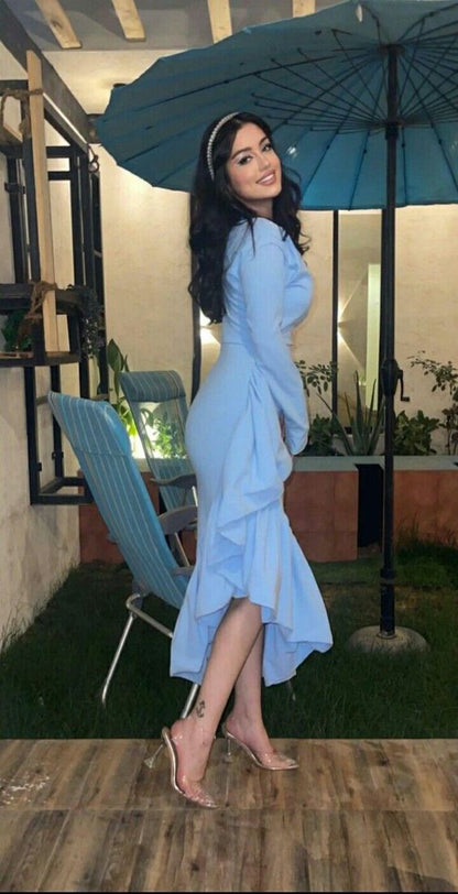 Mermaid Blue Women V Neck Long Sleeves Formal Occasions Evening Gown