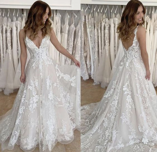 Light champagne applique tulle wedding gown spaghetti straps bridal dresses