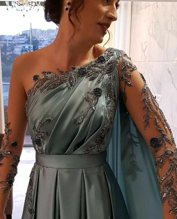 Evening Dresses One Shoulder Full Length Satin A Line Long Sleeves Formal Party Dress Prom Gown