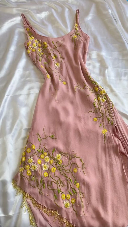 Pink Embroidery Party Dress Vintage Prom Dress Evening Dress New Formal Gowns