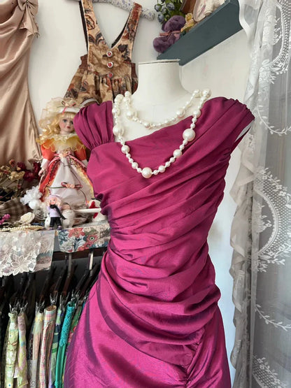Vintage Fuchsia Mermaid Evening Gown Satin Pleated Party Dress Long Formal Dress TP4933