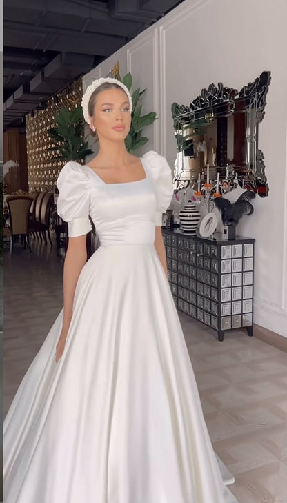 A Line Satin White Long Wedding Dress Princess Bridal Gown