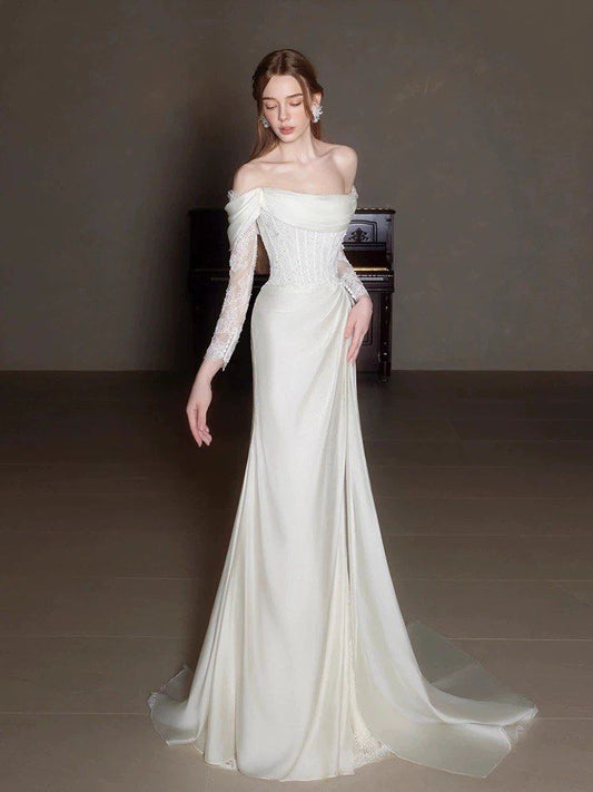 Elegant Off Shoulder Lace Wedding Dress Long Bridal Gown