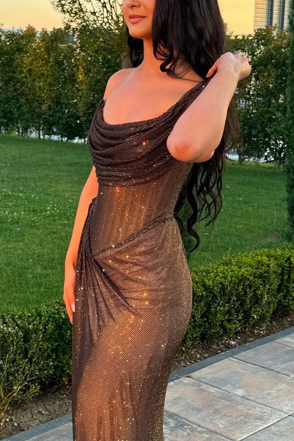 Glitty Asymmetrical Ruched Slit Long Sequin Dress    S6955