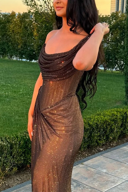 Glitty Asymmetrical Ruched Slit Long Sequin Dress    S6955