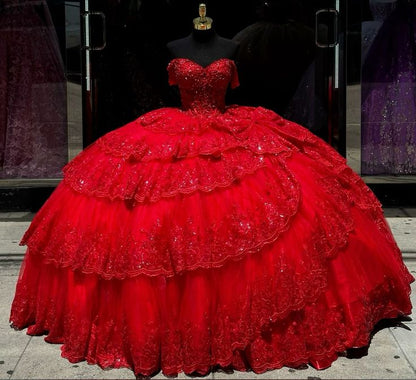 Luxury Red Quinceanera Dress with Crystal Beading Lace Appliques Sweet 16 15 Ball Gown