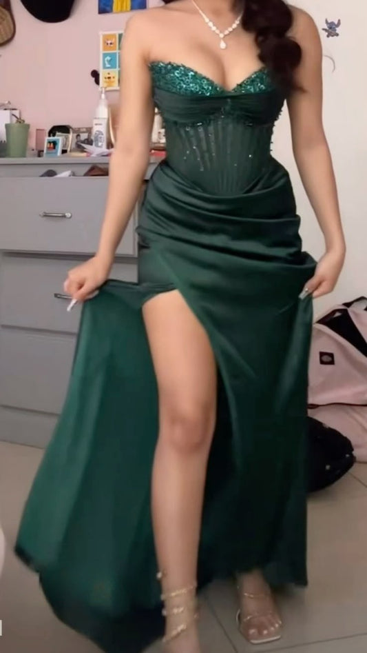 Green Strapless Split Prom Dress Long Wed Dress Formal Gown