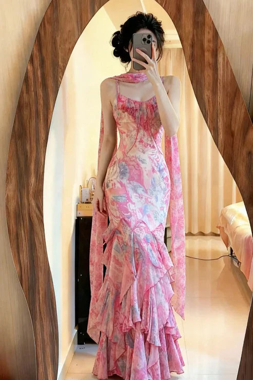 Flowy pink printed chiffon multi-layered skirt mermaid evening gown Prom Dress P3262