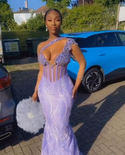 Lilac Mermaid One Shoulder Prom dress Long Evening Party Gowns