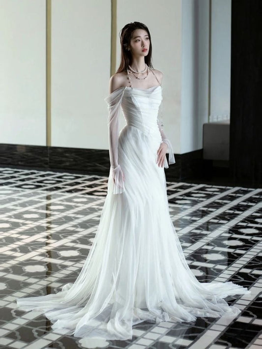 Elegant Off Shoulder Simple Wedding Dress Long Bridal Gown