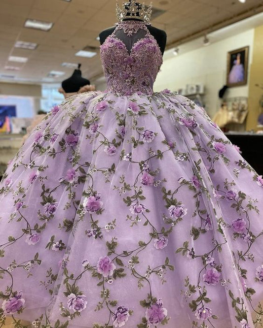Purple A line Ball Gown With Flowers Purple Sweet 16 Dress