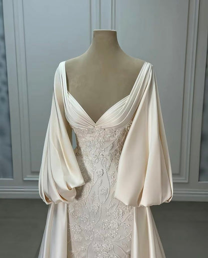 Luxury Wedding Dresses Ivory Satin Lace A line Bridal Gowns