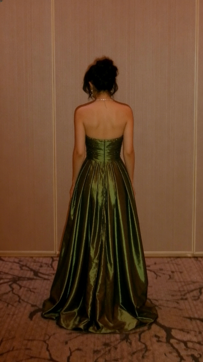 Elegant Olive Green Strapless Satin Sequin Long Birthday Party Dress Evening Gown