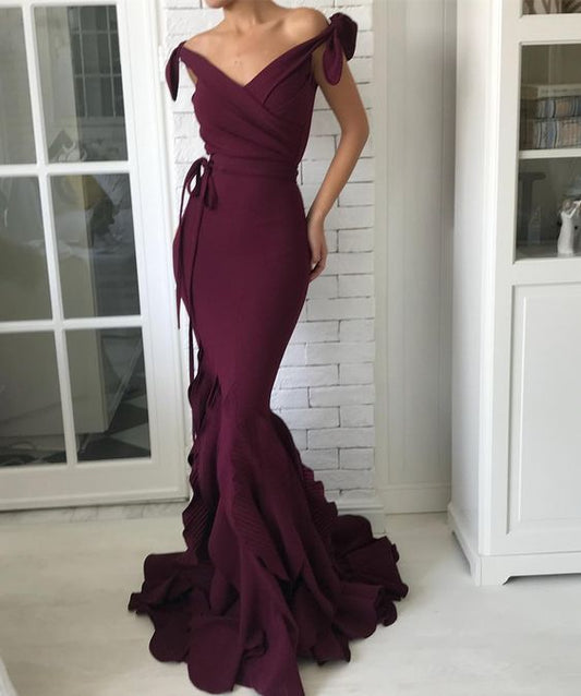 V Neck Off Shoulder Evening Gown with Elegant Bow Tie at Waist