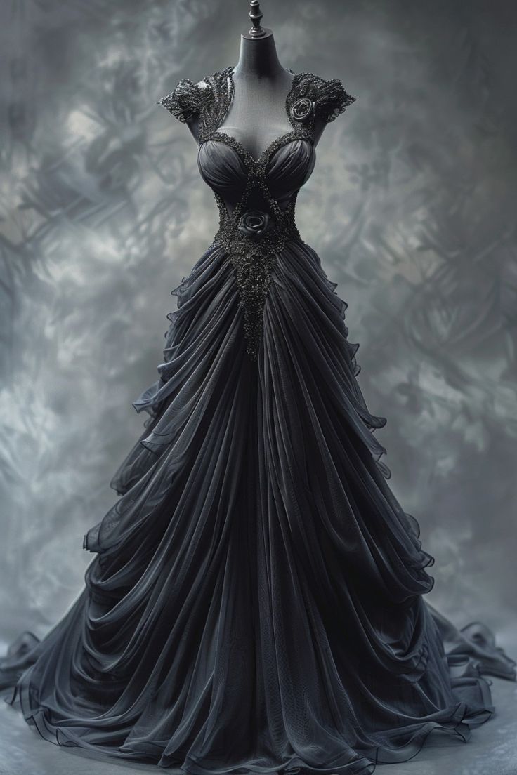 Black Gothic Wedding Dresses Ruched Lace Appliques V Neck Sleeveless Bridal Gown      S7126