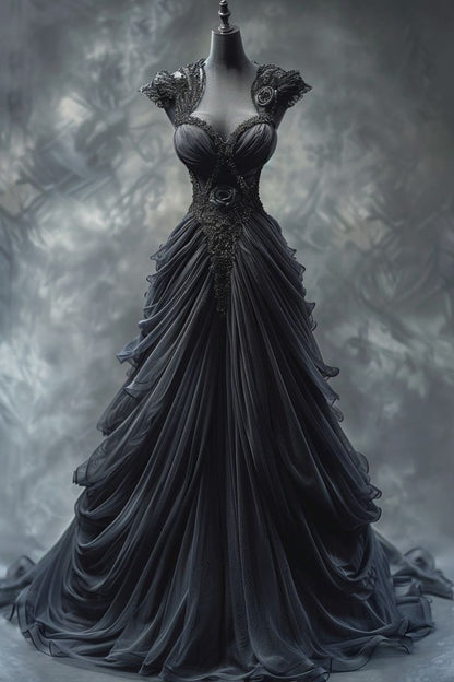 Black Gothic Wedding Dresses Ruched Lace Appliques V Neck Sleeveless Bridal Gown      S7126