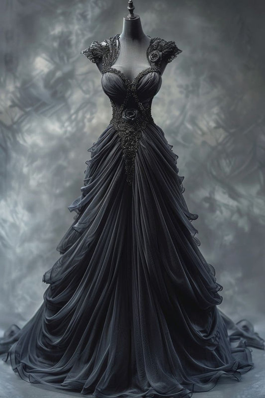 Black Gothic Wedding Dresses Ruched Lace Appliques V Neck Sleeveless Bridal Gown      S7126