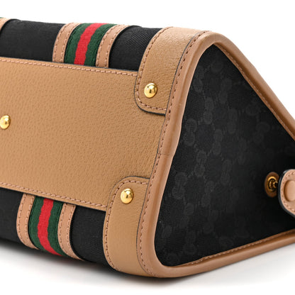 Monogram Textured Dollar Calfskin Web Small Bauletto Duffle Top Handle Bag Black Koi Beige