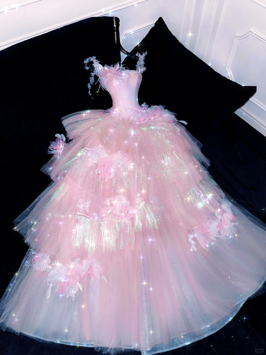 Sparkling Elegant Pink A-Line Tiered Prom Dress Evening Dress Ball Gown TP4211
