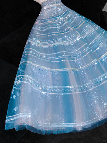 Vintage Sparkling Blue Sequin Sweetheart A-Line Design Tulle Evening Dress Prom Dresses TP4160